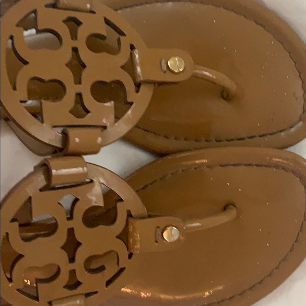 Tory Burch Style Brown Leather Logo Cutout Thong Sandals